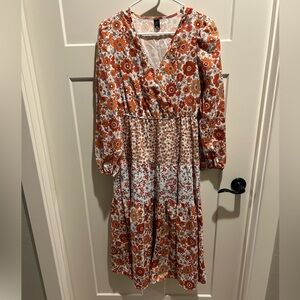 Floral Long Sleeve Dress - Orange and White